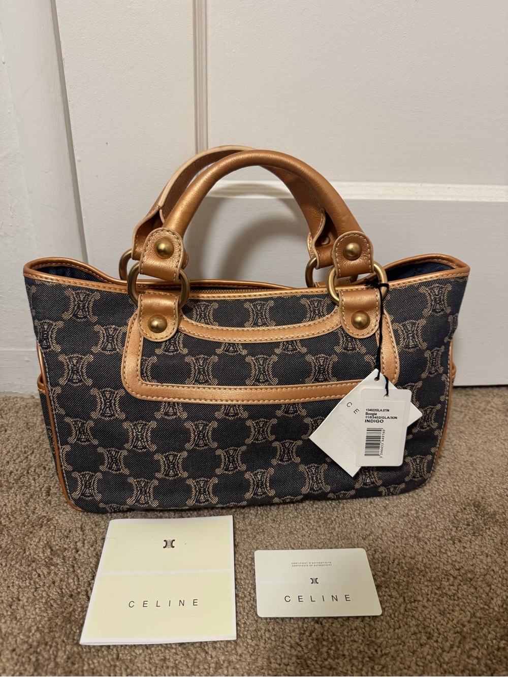 Celine Dark Brown Monogram Canvas Satchel with Tan Leather Trim